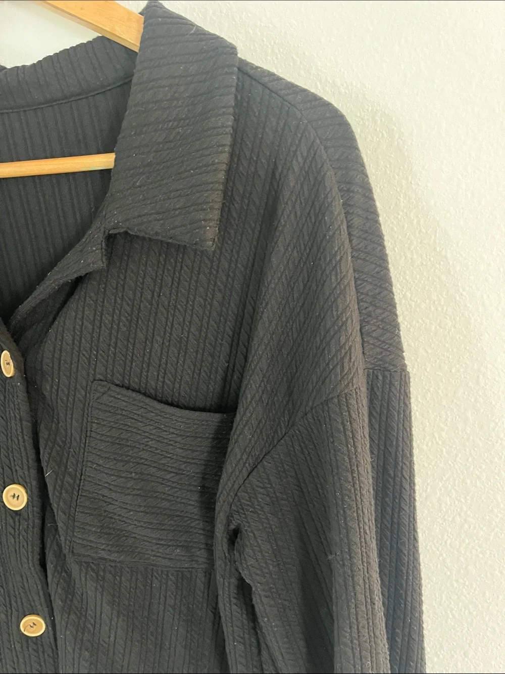 Boutique Black Button-Front Ribbed Long Sleeve Shirt Jacket